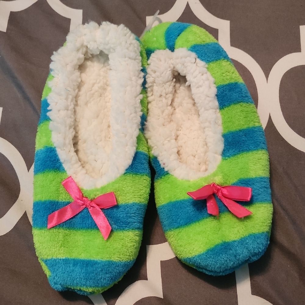 Striped Fuzzy Slippers with Pink Bows